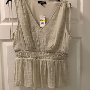 Sand colored sleeveless blouse elastic waist ruched shoulder V neck classy